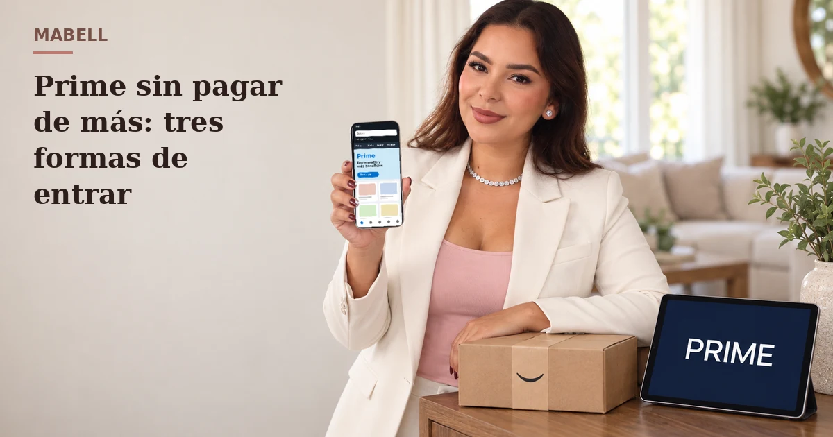 Mabell Rodriguez con una caja de envío y una pantalla que dice PRIME (imagen creada con IA)