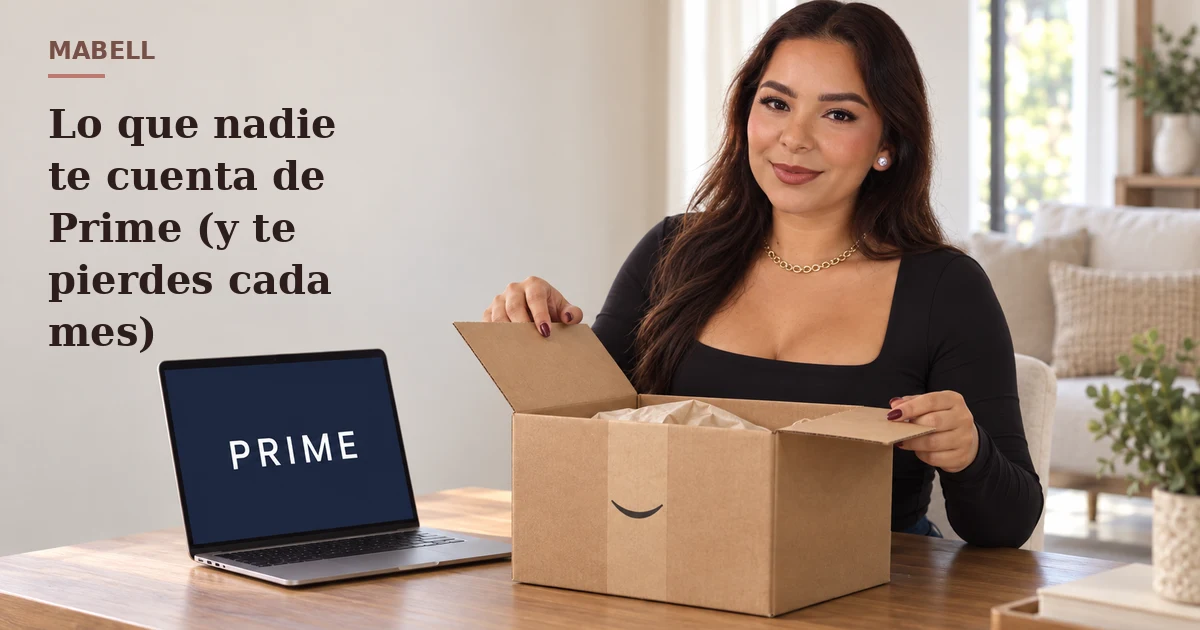 Mabell Rodriguez abriendo una caja de envío junto a una laptop que dice PRIME (imagen creada con IA)